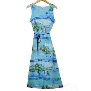 Tacera Sleeveless Maxi Small Yacht Dress Blue Sailboats Hawaiian Nautical